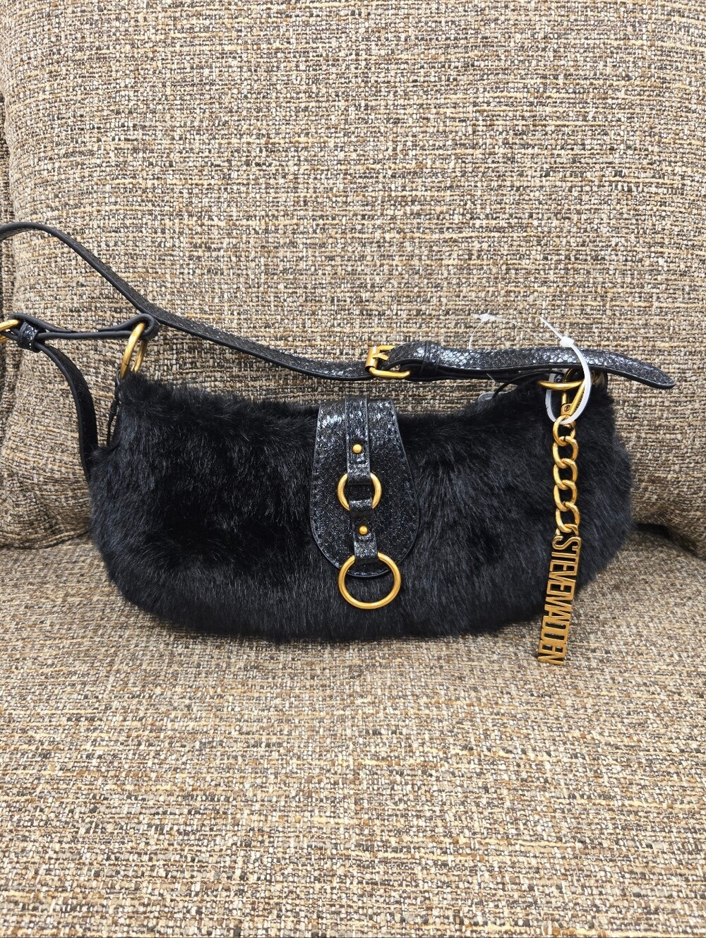 Steve Madden Black Faux Fur Shoulder Bag with Gold Chain Accent